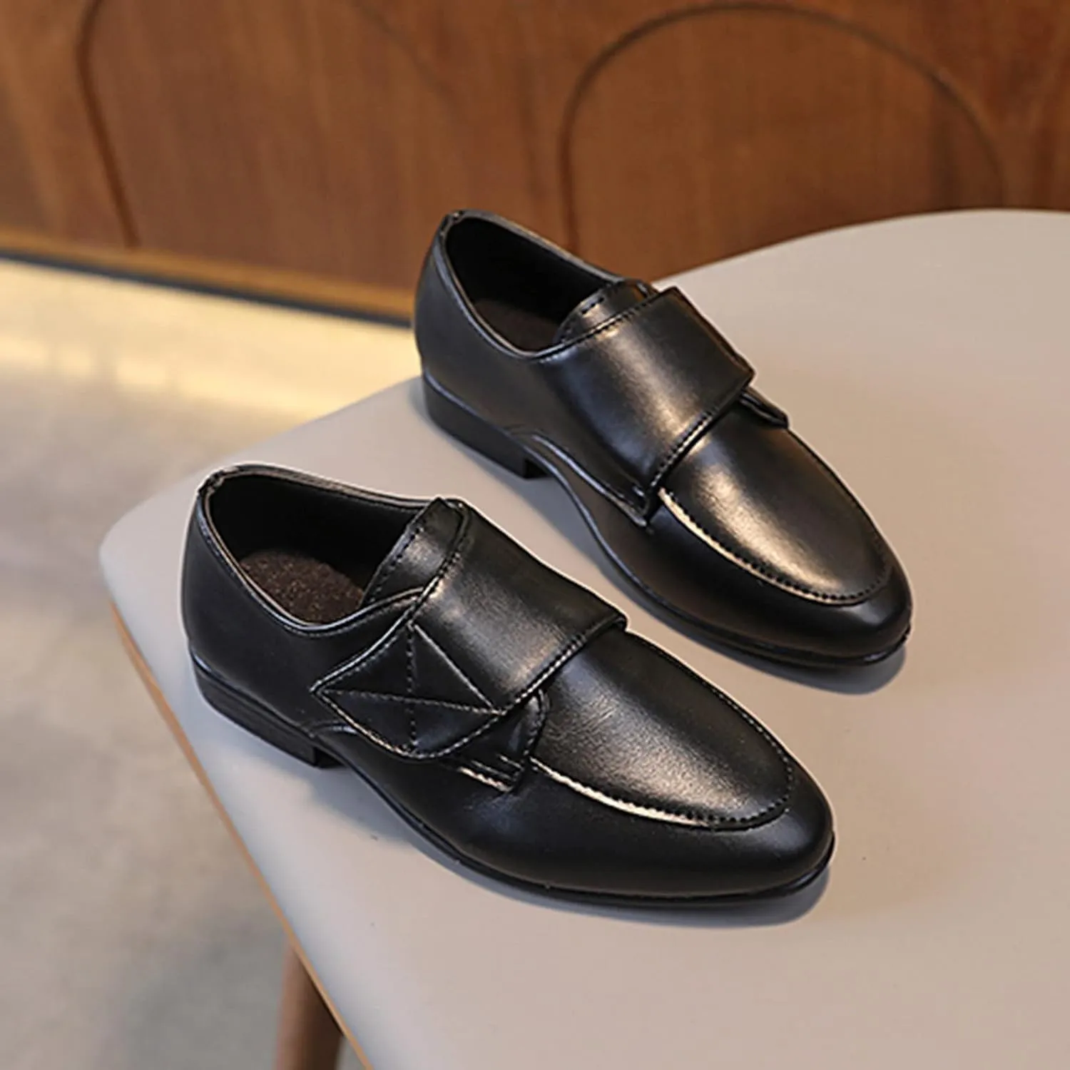 Fashion Children Boys Leather Shoes Pointed Low Heel Solid Color Hook Loop Slip On Dress Shoes for Toddler Girls