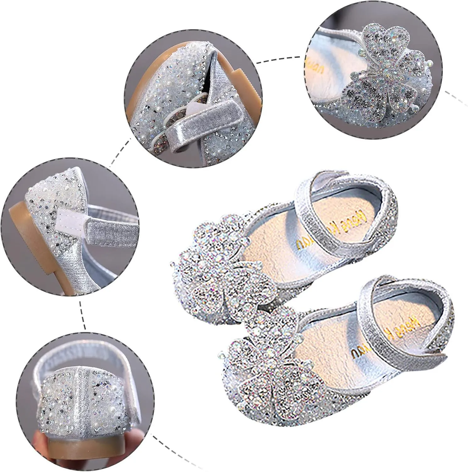 Kids Toddler Girls Rhinestones Butterfly Dress Shoes Flat Bottom Cute Princess Sandals Flower Wedding Party Shoes