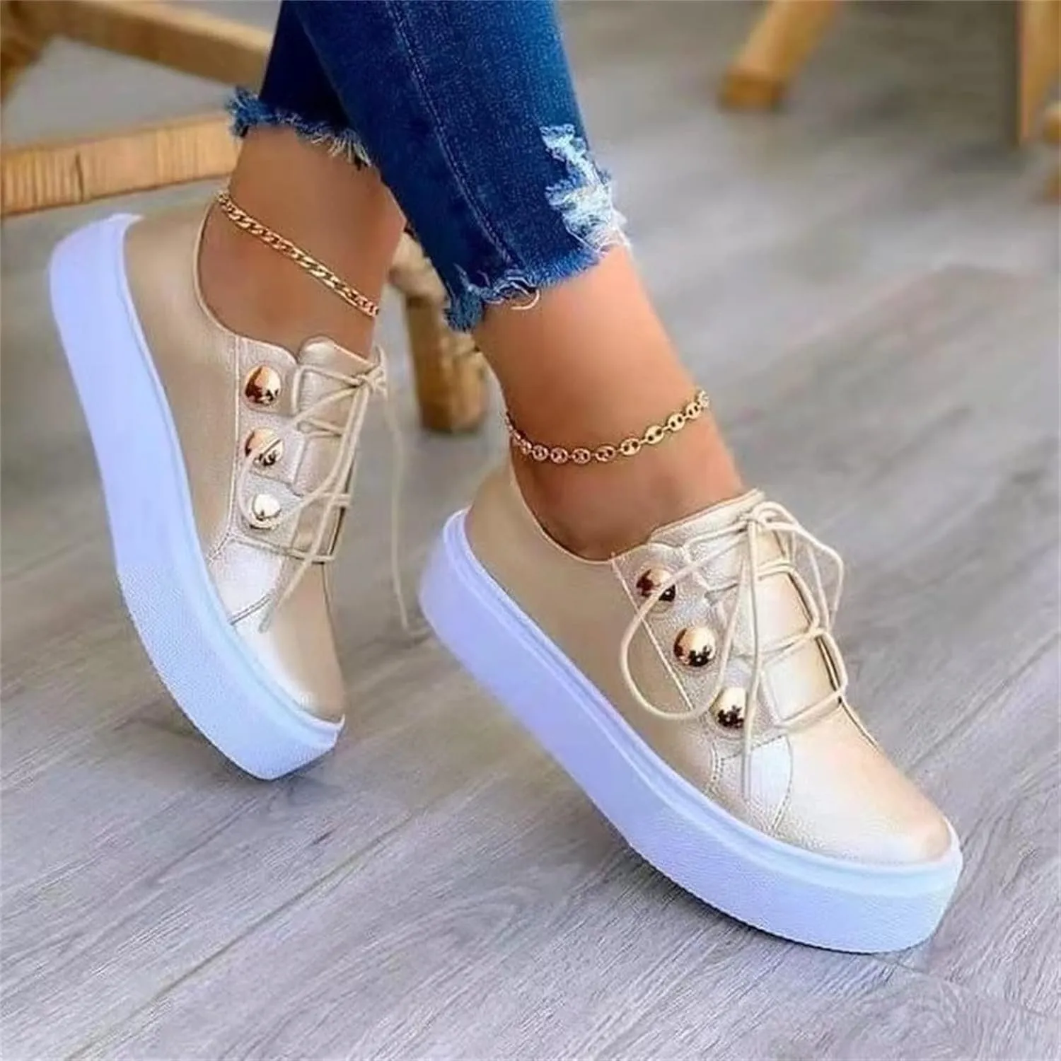 Ladmiple Womens Shoes Dressy Casual Loafers Slip On Walking Shoes Lace Up Comfortable Platform Fashion Leather Sneakers