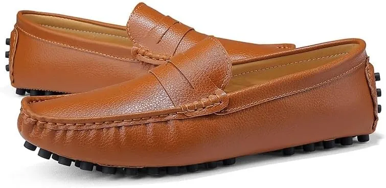 Mens Loafers Round Toe Faux Leather Penny Driving Loafers Flexible Comfortable Flat Heel Party Wedding Slip On(Brown,8)