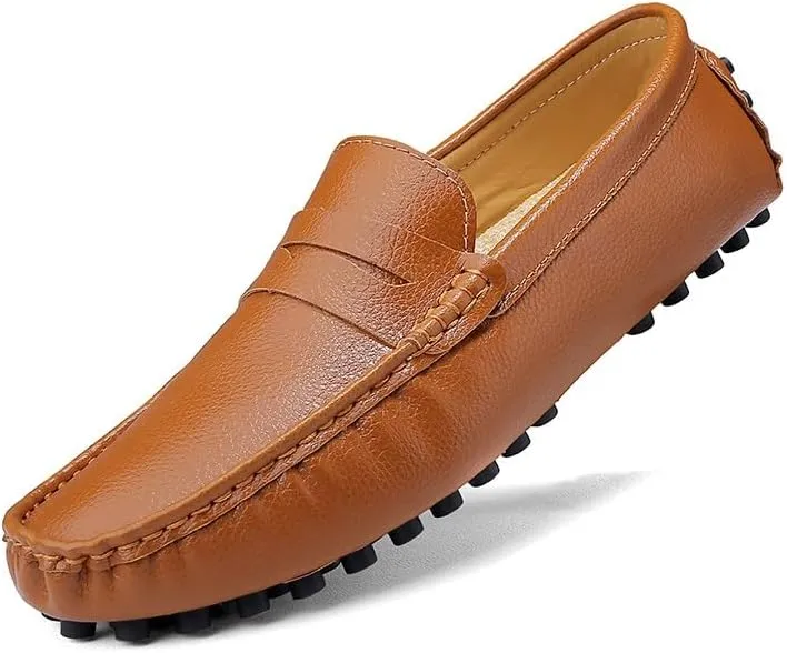 Mens Loafers Round Toe Faux Leather Penny Driving Loafers Flexible Comfortable Flat Heel Party Wedding Slip On(Brown,8)