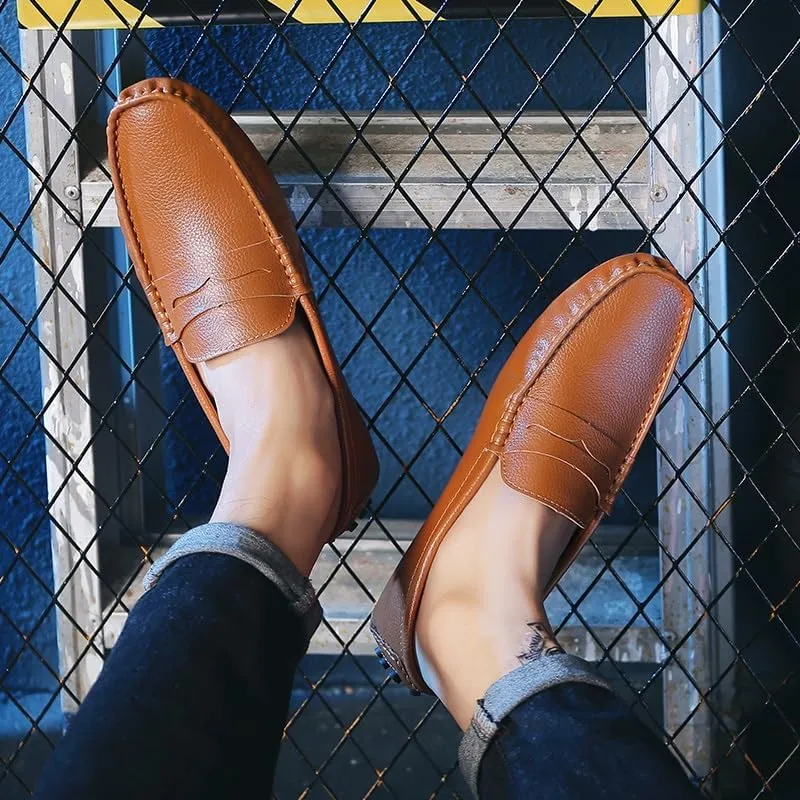 Mens Loafers Round Toe Faux Leather Penny Driving Loafers Flexible Comfortable Flat Heel Party Wedding Slip On(Brown,8)