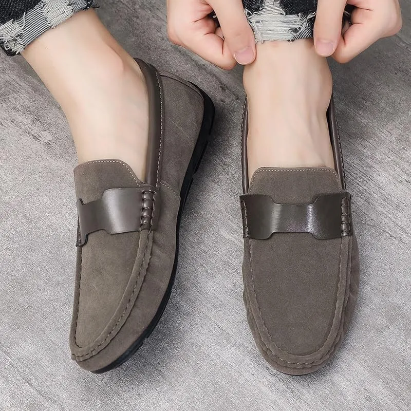 Mens Loafers Shoe Round Toe Nubuck Leather Driving Shoes Comfortable Lightweight Flat Heel Casual Slip-ons