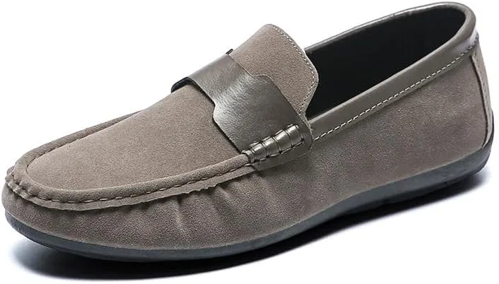 Mens Loafers Shoe Round Toe Nubuck Leather Driving Shoes Comfortable Lightweight Flat Heel Casual Slip-ons