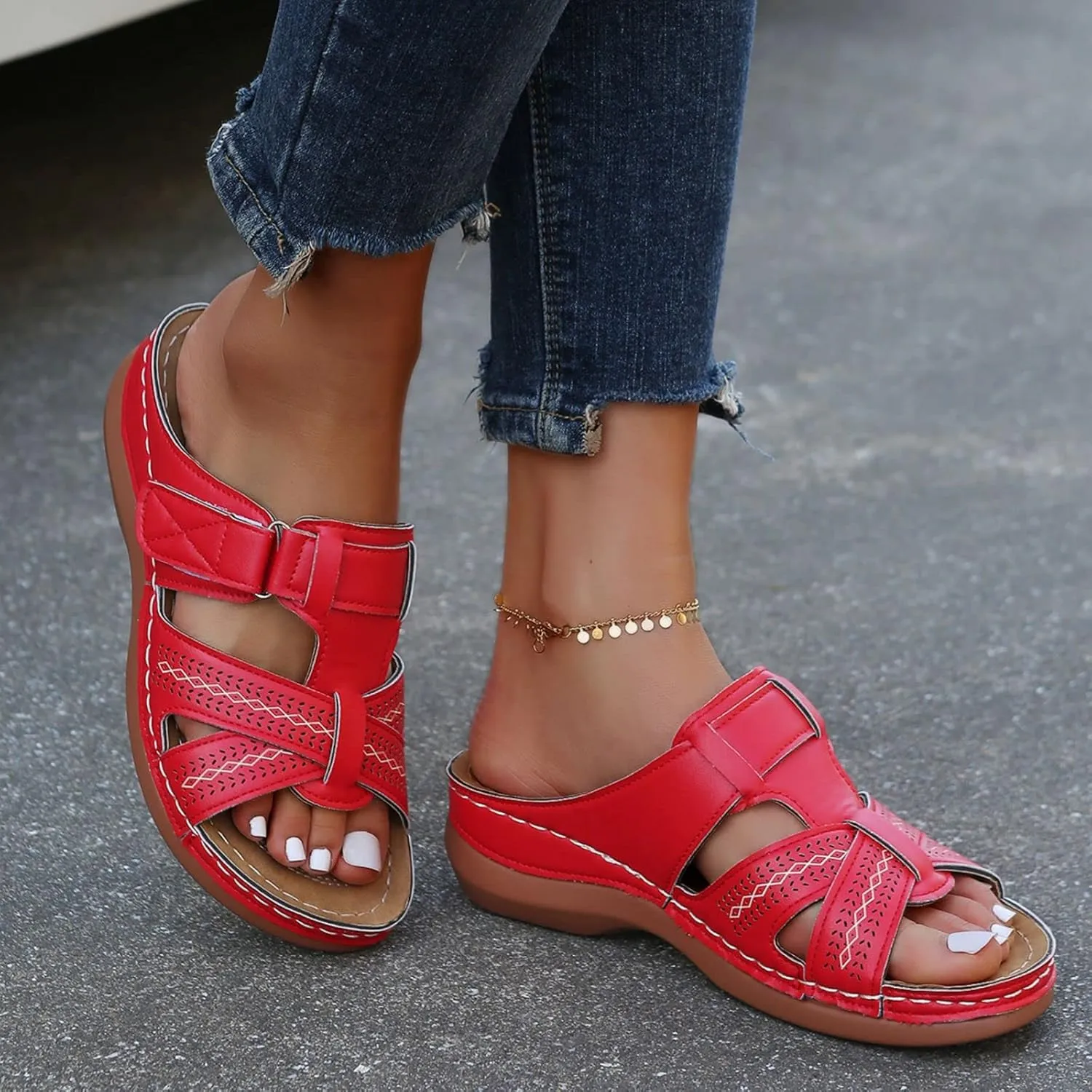 Orthopedic Sandals for Women Arch Support Flat Slipper Platform Wedge Open Toe Soft Comfort Beach Outdoor Walking Shoes Comfortable Lightweight Slippers with Summer Dressy Ankle Strap