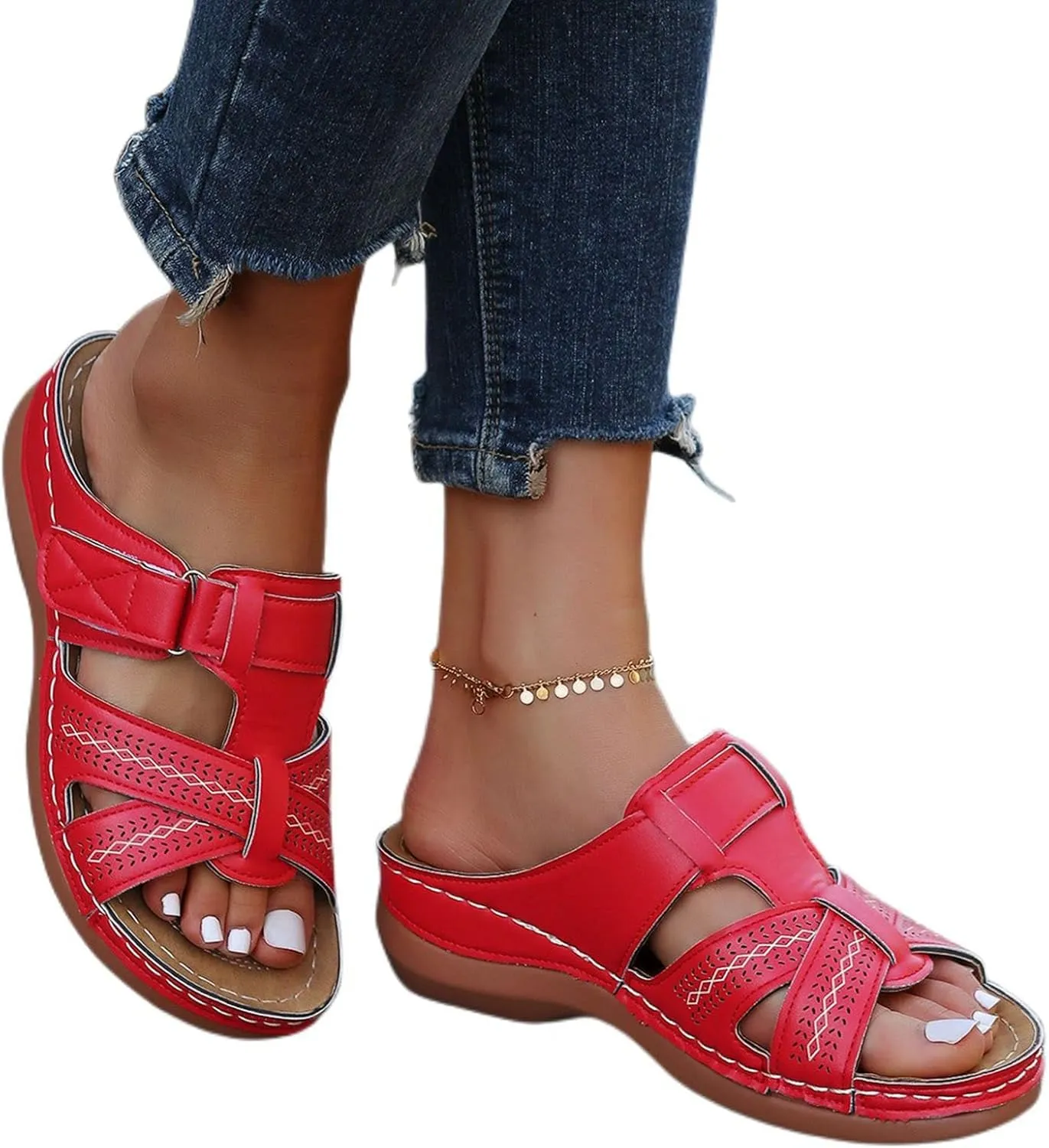 Orthopedic Sandals for Women Arch Support Flat Slipper Platform Wedge Open Toe Soft Comfort Beach Outdoor Walking Shoes Comfortable Lightweight Slippers with Summer Dressy Ankle Strap