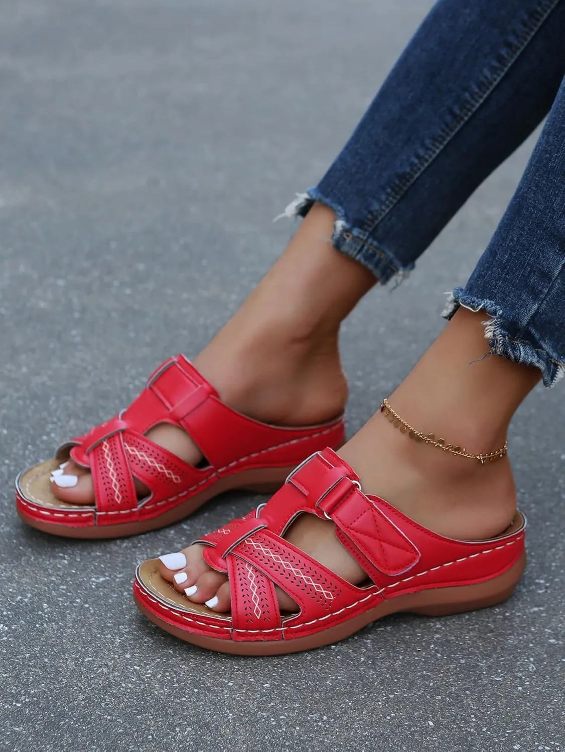 Orthopedic Sandals for Women Arch Support Flat Slipper Platform Wedge Open Toe Soft Comfort Beach Outdoor Walking Shoes Comfortable Lightweight Slippers with Summer Dressy Ankle Strap