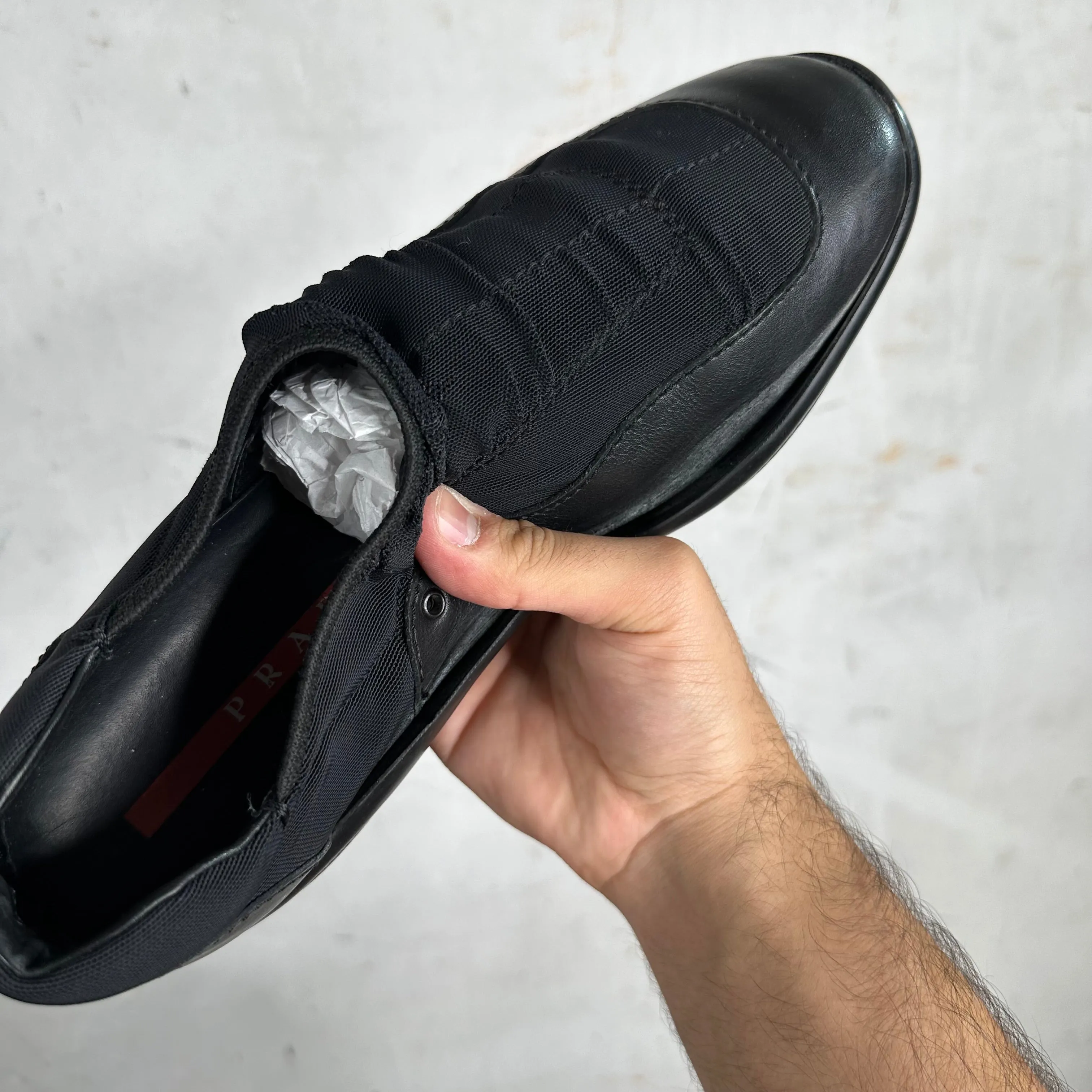Prada Elastic Leather Slip Ons