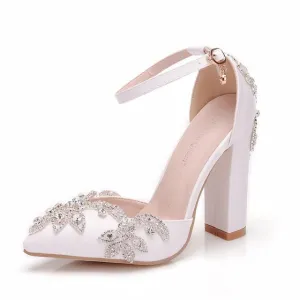White Rhinestone Pointed Toe Platform Wedge Shoe