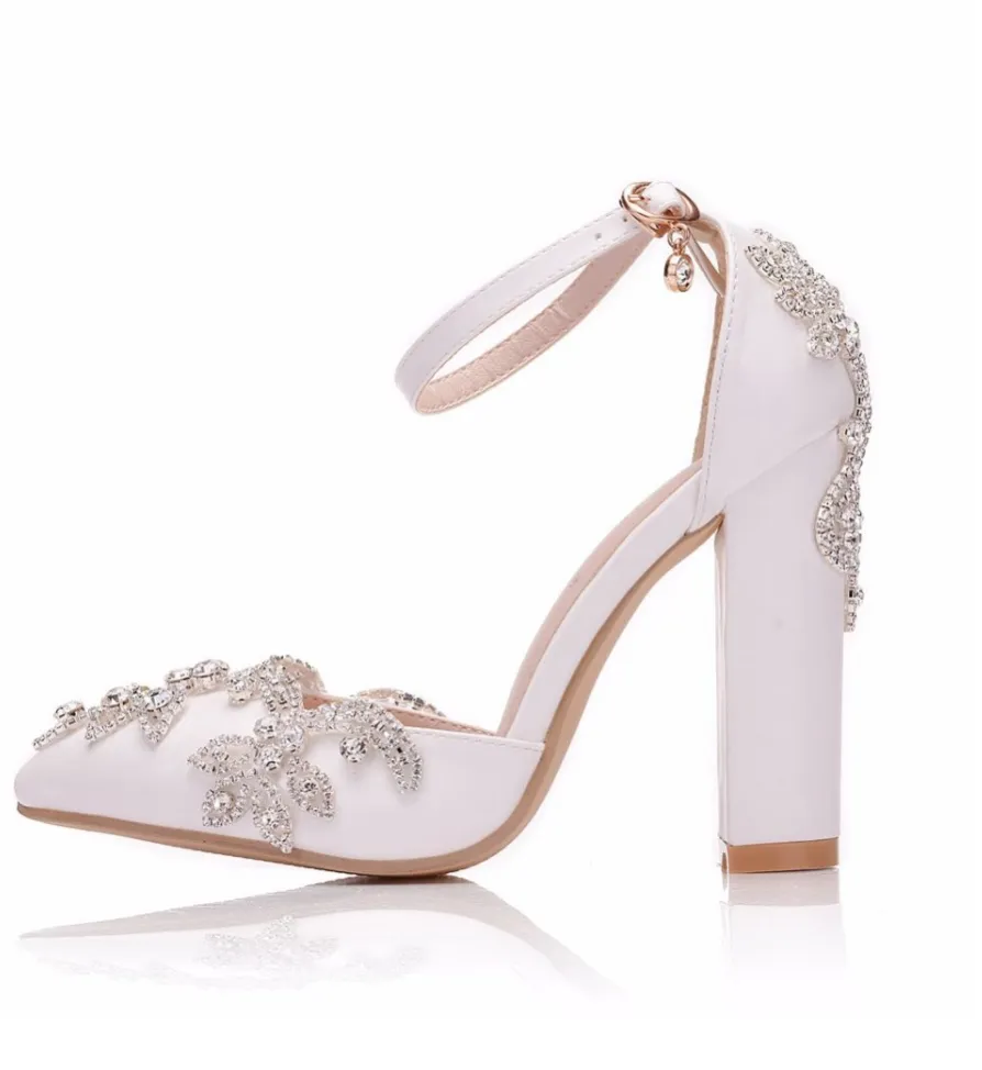 White Rhinestone Pointed Toe Platform Wedge Shoe